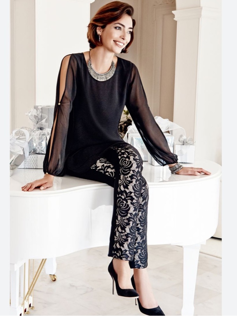 New Chico’s Black Label Chiffon Long Line Tunic Blouse Sheer Open Sleeve Large